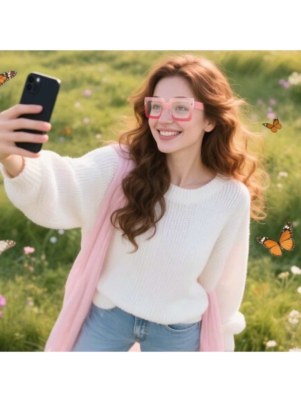 Women's Pink Oversized Square Big Frame Computer Eyewear Thick Fashion Glasses - Picture 6 of 7